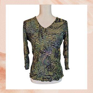 Neon Yellow Green Striped 3/4 Sleeve Blouse